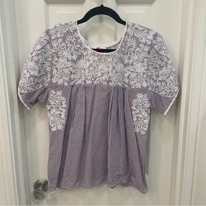 Buddy Love Purple and White Striped Embroidered Mexican style Blouse